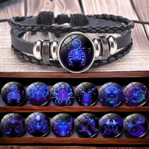 Bracelet lumineux signe astrologique du zodiaque | Bracelet en cuir rustique et argent | Bijoux unisexe signe astrologique | Accessoires d'astrologie | Signe de naissance