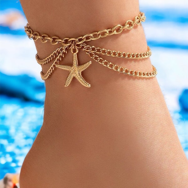 Snake/Shell/Starfish/Heart Layered Anklet | Dangle Pendant Anklet | Gold Mulit Layered Jewellery | Classy Accessories | Adjustable Gift