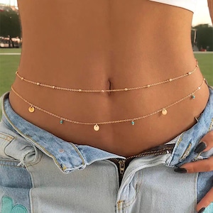 Belly Chain double épaisseur en argent/or Gemmes pendantes bleues Bijoux élégants Accessoires empilables Plus d'élégance Cadeau pour elle Or