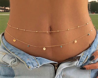 Belly Chain double épaisseur en argent/or | Gemmes pendantes bleues | Bijoux élégants | Accessoires empilables | Plus d'élégance | Cadeau pour elle