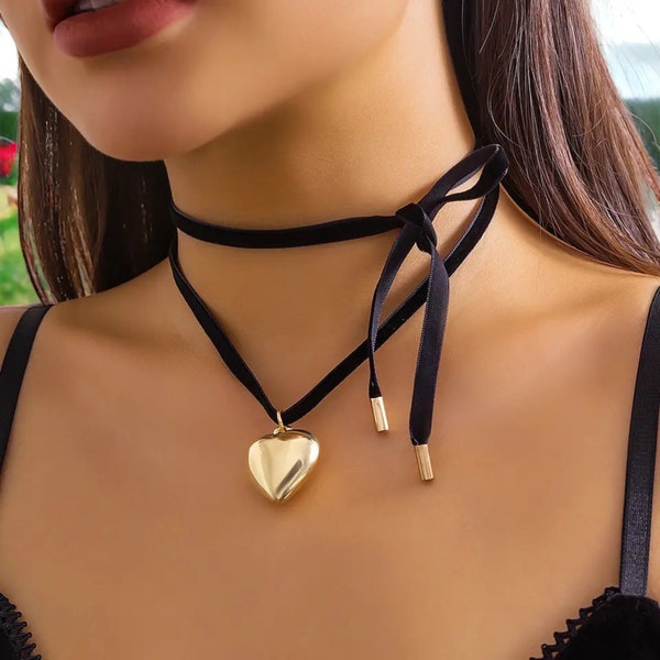 Gold/Silver Love Heart Pendant Choker Tie | Bow Tie Choker | Black Faux Suede Necklace | Love Heart Pendant | Minimalist | Gift For Her