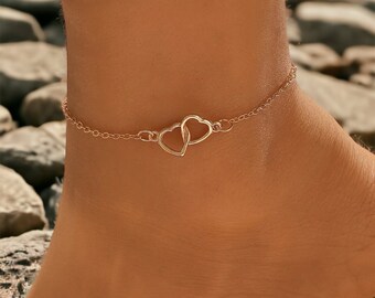 Silver/Gold Minimalist Intertwining Love Heart Anklet | Love Heart Bonded Pendant | Cute Dainty Chain Adjustable | Elegant Accessory Gift