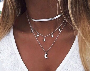 Moon & Star Triple Layer Necklace | Astronomy Choker and Necklace | Multi-Strand Boho | Dainty Delicate Layered Necklace | Gift For Her