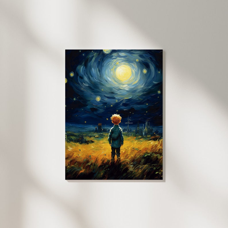 May include: A painting of a young boy standing in a field looking up at a starry night sky with a large, bright moon. The sky is painted in a swirling, abstract style reminiscent of Van Gogh's Starry Night.