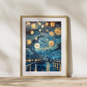 Nuit dorée étoilée - Impression numérique abstraite inspirée de Klimt et Van Gogh, art mural ciel étoilé, affiche de nuit dorée bohème, téléchargement immédiat