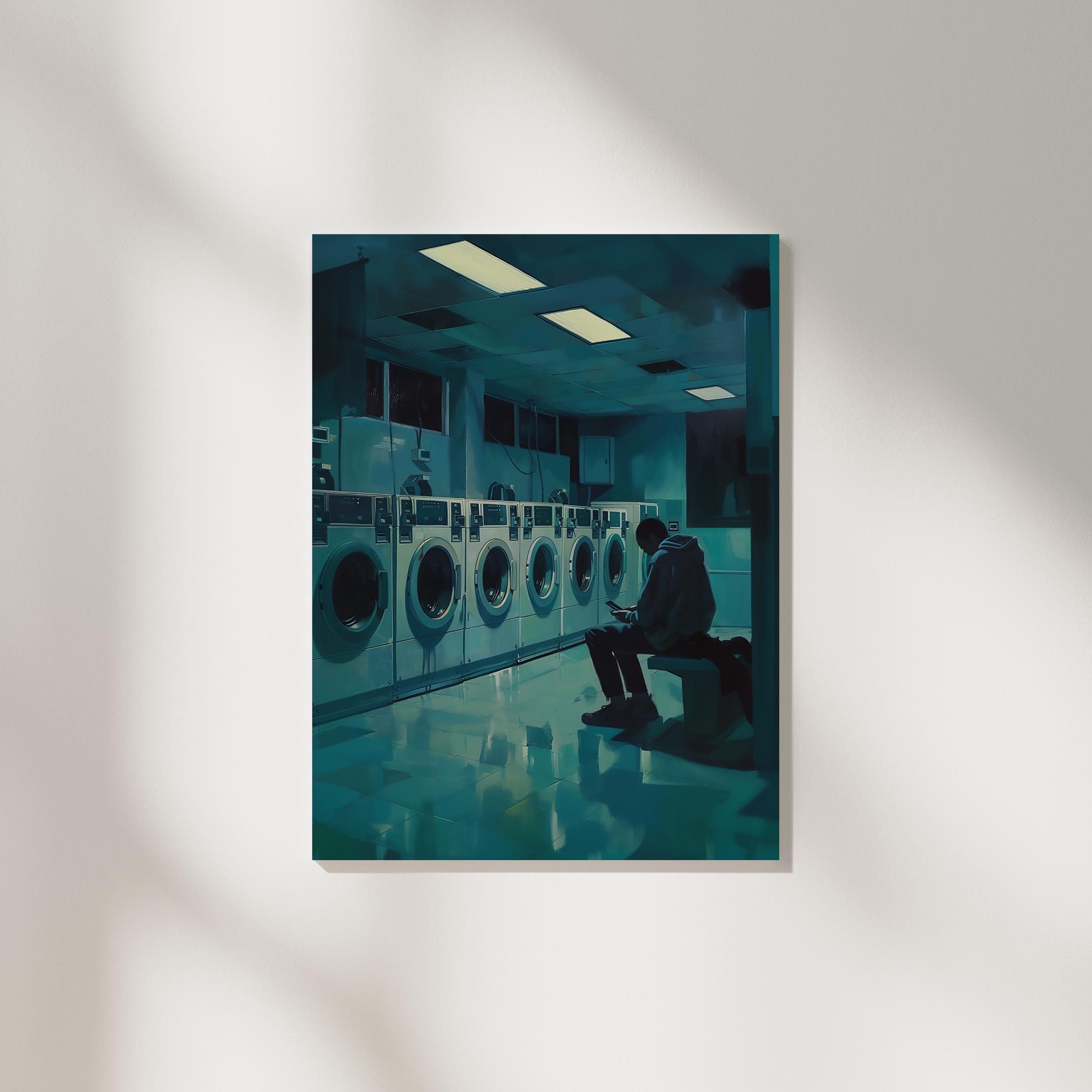 Midnight Laundry – Hopper-inspired Laundromat Digital Print, Urban