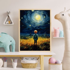 May include: A painting of a young boy standing in a field of tall grass, looking up at a starry night sky with a large, bright moon. The sky is a deep blue with swirling clouds and the stars are scattered across the canvas.
