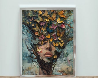 Abstract Butterfly Woman – Van Gogh + Dalí Inspired Digital Download – Surreal Feminine Printable Wall Art – Instant Print Home Decor