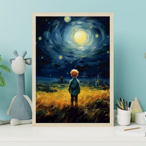 May include: A painting of a young boy standing in a field of tall grass, looking up at a starry night sky with a large, bright moon. The sky is painted in shades of blue and purple, with white stars scattered across it.