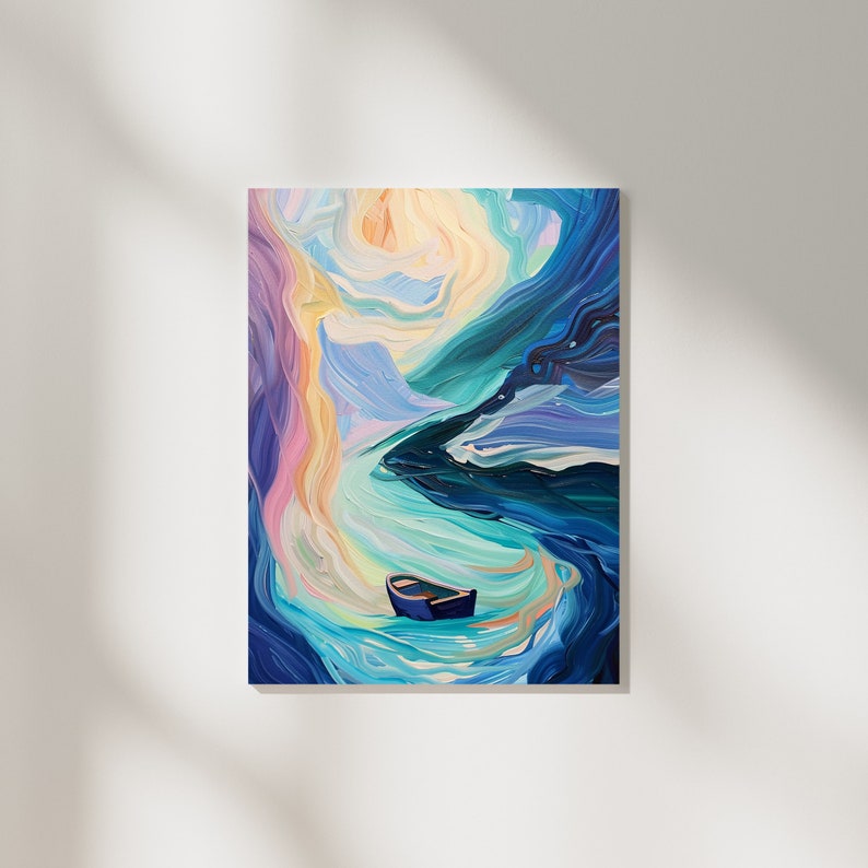 May include: Abstract painting of a blue boat in a swirling sea of blue, green, and yellow paint.
