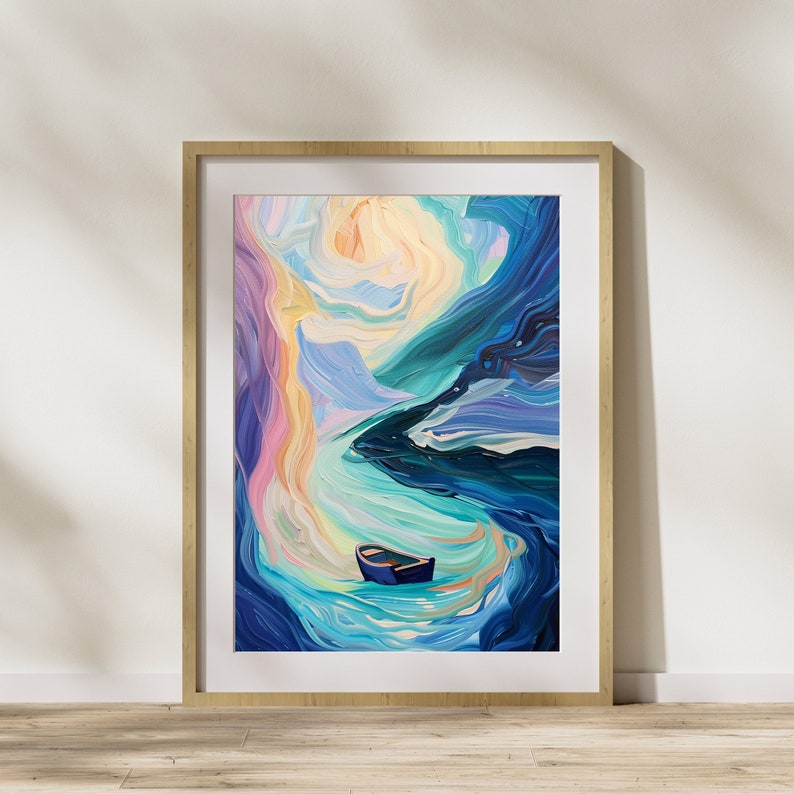 May include: Abstract painting of a blue boat in a swirling, colorful river. The painting is framed in a light wood frame.