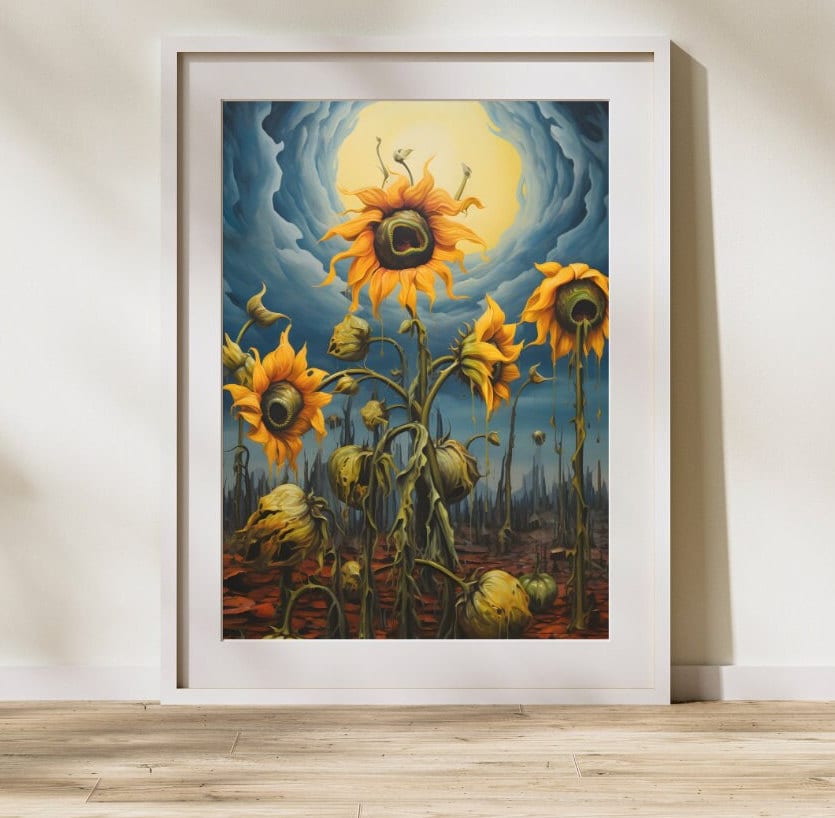 ゴッホ + ダリのマッシュアップひまわりの印刷可能な壁アートの