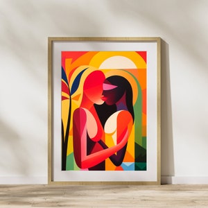 May include: Framed art print featuring an abstract geometric design of two figures embracing. The artwork uses a vibrant palette of red, orange, yellow, and green. The figures are stylized with bold lines and shapes, creating a modern and colorful aesthetic.