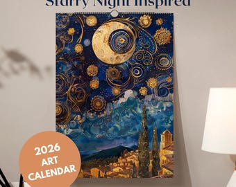 2026年 壁掛けアートカレンダー | ゴッホの星月夜（モネ、クリムト、草間彌生、ダリなどからインスピレーションを得た作品） | 環境に優しいユニークなアートギフト | A3またはA4