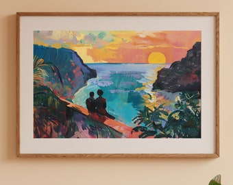 Könnte beinhalten: Ein Gemälde, das ein Paar zeigt, das auf einer Klippe sitzt und auf eine Bucht mit einem Sonnenuntergang im Hintergrund blickt. Der Himmel ist eine Mischung aus Orange, Rosa und Lila, und das Wasser ist tiefblau. Das Paar ist vor dem Sonnenuntergang silhouettiert, was dem Gemälde eine romantische Atmosphäre verleiht.