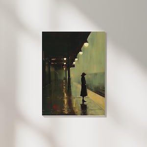 Druckbare Kunst – Warten auf den Zug – Edward Hopper inspiriert – digitaler Download – Vintage Stil – Geschenk für Kunstliebhaber & Wohnkultur