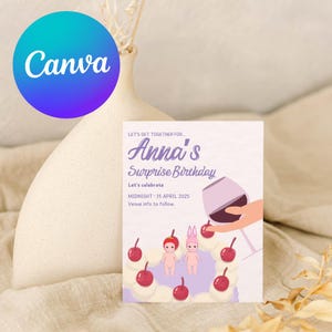 Ilustración editable de Sonny Angel, invitación de cumpleaños, invitación con pastel de cumpleaños, invitación con pastel de cumpleaños de Sonny Angel, plantilla de Canva rosa
