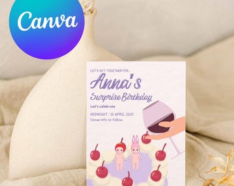 Editable sonny angel illustration  Birthday Invitation, Birthday cake Invitation, Sonny Angel birthday cake Invite,  Pink Canva template