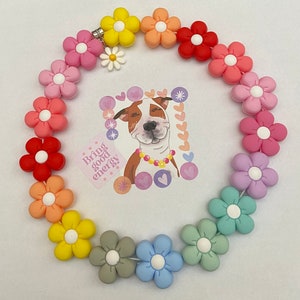 May include: A colorful necklace made of silicone flower charms in shades of pink, red, orange, yellow, green, blue, and purple. The necklace features a white daisy charm and the text "Bring good energy".