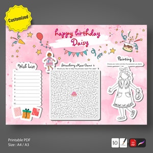 Customized Birthday Coloring Placemat Activity Sheet For The Girl, Kids Coloring Page, Printable Digital File