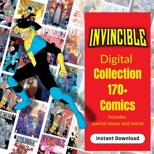 Op de afbeelding: Een collage van Invincible stripboekcovers, met een centraal beeld van de superheld in actie. Een rode banner toont "Invincible Digital Collection 170+ Comics" met de tekst "Instant Download".