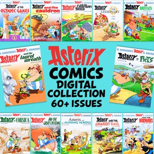 Puede incluir: Una colección de portadas de cómics de Astérix. Las portadas presentan ilustraciones de los personajes en diversas aventuras. El texto "Asterix Comics Digital Collection 60+ Issues" se muestra en rojo. Los cómics son coloridos y presentan a los personajes icónicos.