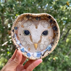 May include: A round ceramic trinket dish featuring a hand-painted barn owl face. The design includes large black eyes, a small yellow beak, and a textured, speckled glaze in shades of beige, brown, and blue. The rim is uneven and rustic.
