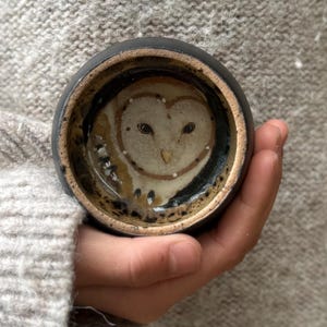 May include: A small, round ceramic bowl with a hand-painted owl face design. The bowl has a dark brown exterior and a light brown interior with the owl's face in the center. The owl has dark eyes and a light brown face. The bowl is held in a hand.