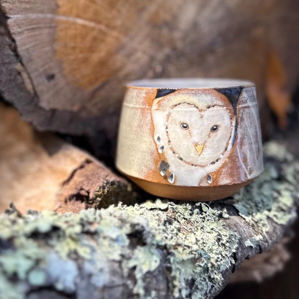 Barn Owl glaze painted, hand thrown 7oz stoneware yunomi tea bowl cup | original one-of-a-kind collectible ceramic art | birder clay pottery