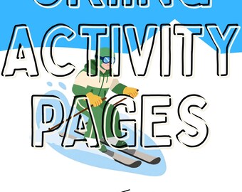 Op de afbeelding: Boekomslagillustratie met de titel "Skiing Activity Pages" in een blauw-wit ontwerp. De afbeelding toont een skiër in groene en gele kleding op een besneeuwde helling. De tekst "Quiet Time Books" is onderaan cursief geschreven.