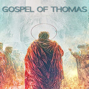 Peut inclure: Représentation artistique d'une scène religieuse. L'image présente une figure en robe rouge, de dos, avec un halo. Le texte "GOSPEL OF THOMAS" est en haut. D'autres personnages sont en arrière-plan, avec une lueur douce et éthérée.