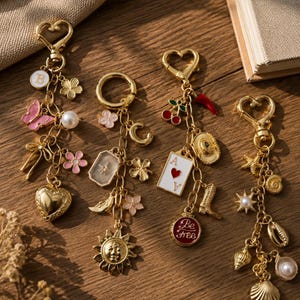 Peut inclure: Quatre porte-clés en métal doré ornés de breloques variées, notamment un papillon rose, un soleil, une carte à jouer as de cœur et des coquillages. Chaque porte-clés possède un fermoir en forme de cœur et des breloques pendantes comme des perles, des fleurs, une botte de cow-boy et un médaillon rond avec l'inscription Be Free.