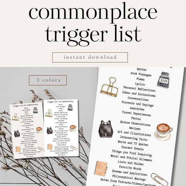 Commonplace Book Trigger List Printable Journal Card, Journal Prompts, Planner Cards, Bullet Journal