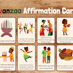 Juego de 8 tarjetas de afirmación alentadoras de Kwanzaa / Afirmaciones positivas para niños / Tarjetas de afirmación festiva / Imprimibles de Kwanzaa