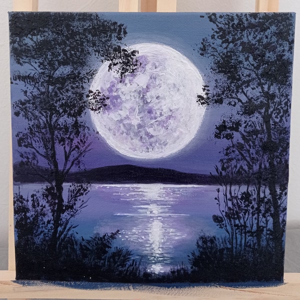 Peinture acrylique sur toile - clair de lune sur l'eau, paysage nocturne