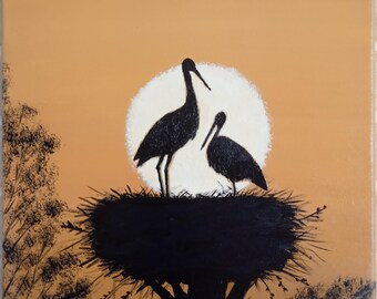 Storks at Sunset.  Acrylic Painting on Canvas.