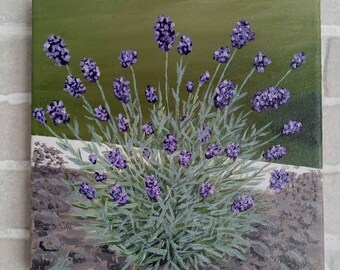 Original Acrylic Painting – Lavender Bush, Portugal, 20×20 cm