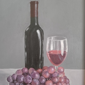 Stillleben mit Wein und Trauben – Original Acrylgemälde auf Leinwand, 24 x 30 cm