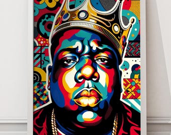 May include: A colorful, abstract portrait of a man wearing a gold crown. The background is filled with geometric shapes and patterns in various colors, including red, yellow, blue, and green.