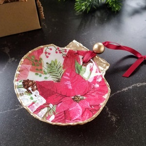 Poinsettia Scallop Shell Christmas Ornament, Trinket Dish, Unique Christmas Gift, Coastal Christmas, 100% Handmade Ornament