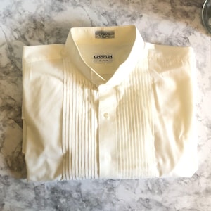 Vintage Chaplin White Tuxedo Dress Shirt with Winged Tips and Pleated Front (L)