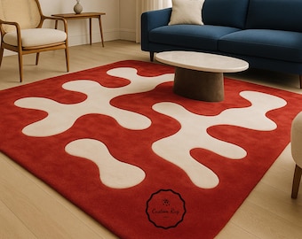 Bright Red and Ivory Modern Irregular Hand Tufted Abstract Rug for Living room Bedroom contemporary handmade wool rug 8x10,9x12,10x14.