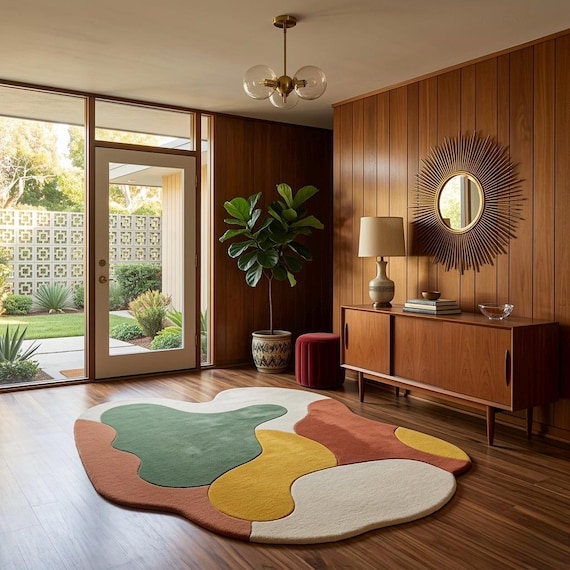 Handmade Mid-Century Organic Shape Rug - Terracotta, Olive, Yellow