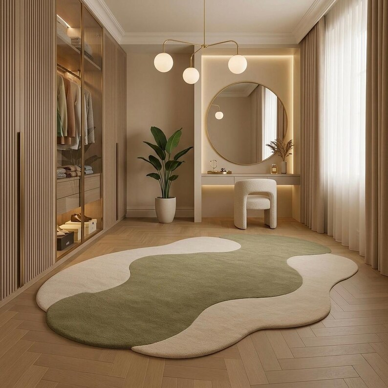 May include: A modern bedroom interior featuring a large, abstract-shaped rug in shades of green and beige. The room includes a walk-in closet, a vanity with a round mirror, and a decorative light fixture. The rug's unique design adds a touch of contemporary style to the space.