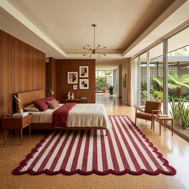 Layering Rug Maroon Hand-tufted Scalloped Maroon and Cream Striped Wool Area Rug - Mid ...