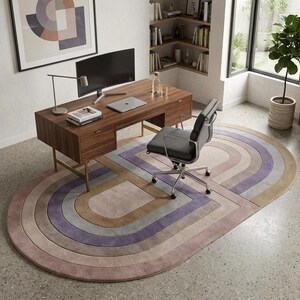 Home office anchored by a modern oval area rug, carved relief and colorful area rug tones under desk