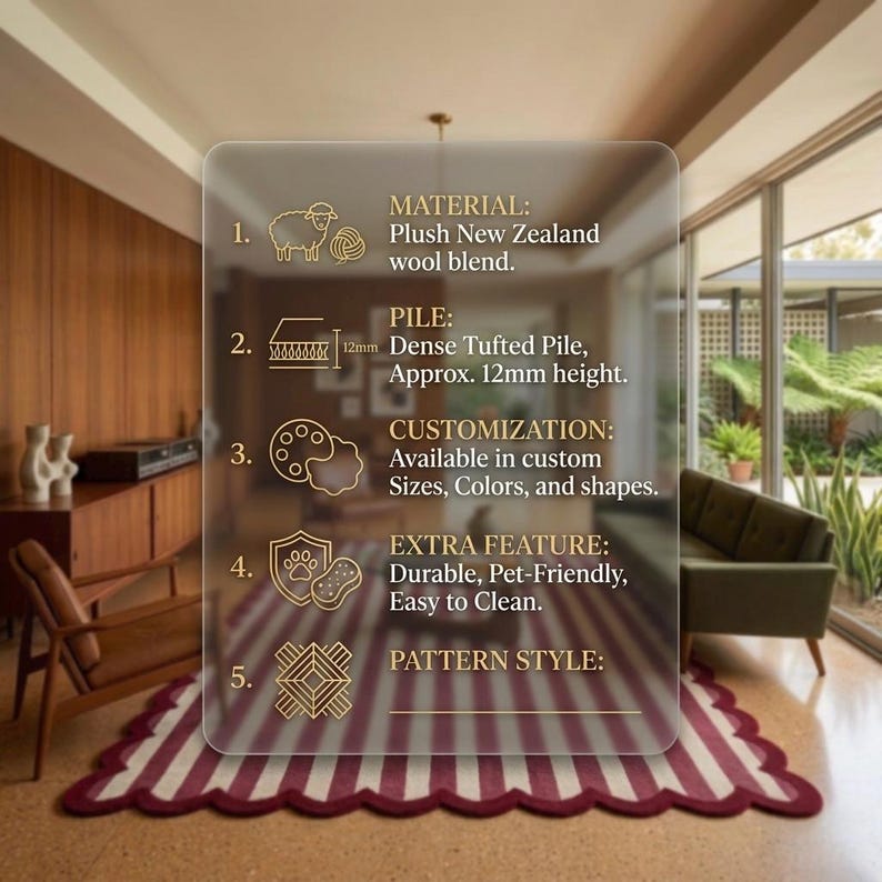 Layering Rug Maroon Hand-tufted Scalloped Maroon and Cream Striped Wool Area Rug - Mid ...