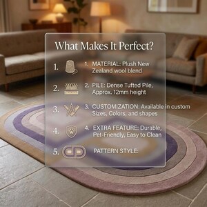 Living room floor with modern oval area rug, overlay lists features like hand tufted wool and carved relief texture