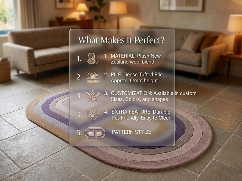 Living room floor with modern oval area rug, overlay lists features like hand tufted wool and carved relief texture