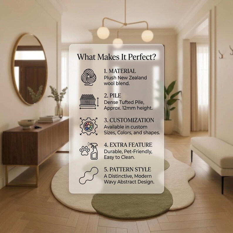 May include: A modern, wavy abstract design rug with a cream and olive green color scheme. The rug is made of a plush New Zealand wool blend and has a dense tufted pile, approximately 0.47 inches high. The rug is pet-friendly and easy to clean.